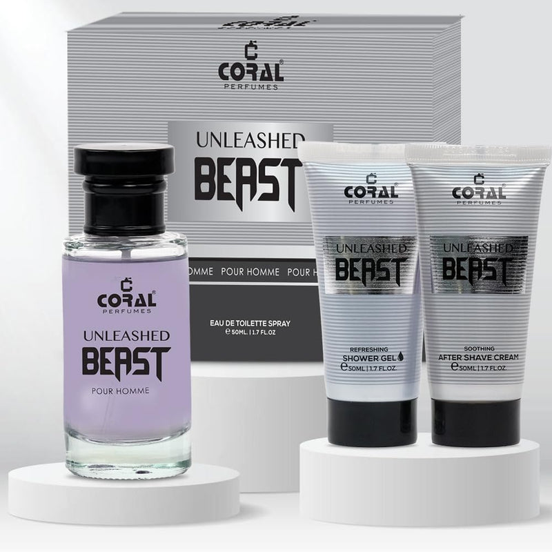 Coral Unleashed Beast Pour Homme Gift Set For Men | Eau De Toilette, After Shave Cream & Shower Gel (50ml Each) | Bold & Invigorating Fragrance