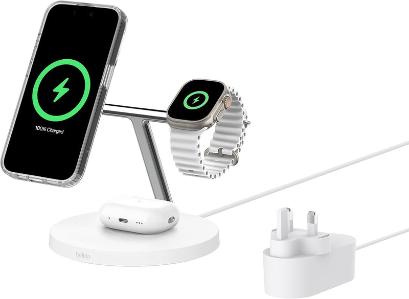 Belkin MagSafe 3 in 1 Wireless Charging Station, 15W iPhone and Apple Watch Fast Wireless Charger, AirPods Charging Station for iPhone 16, 15, 14, 13, 12 Series, Apple Watch 10/9/8, SE, Ultra - Black - Qi2/Magsafe Compatible White