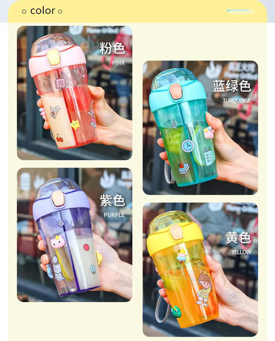 Nova Vibes Juice/Water Bottle For Kids, Double- sided Compartments 430 ml with 3D stickers and shouder- Neck Strap (Purple)