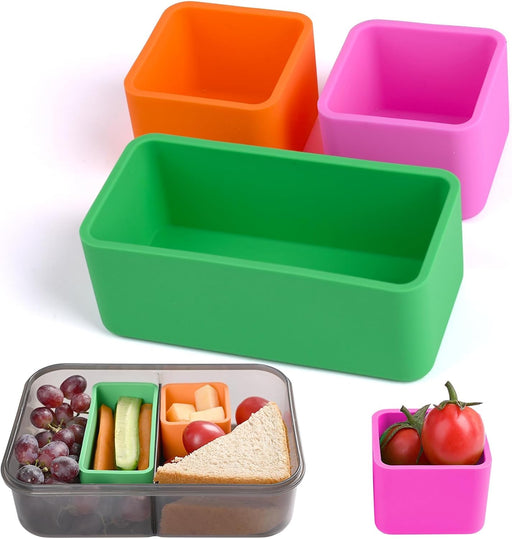 3 Pieces Set Versatile Silicone Lunch Box Dividers,Lunch Containers Accessories,4 inch Rectangular and 2 inch Square.(Green+Orange+Purple)