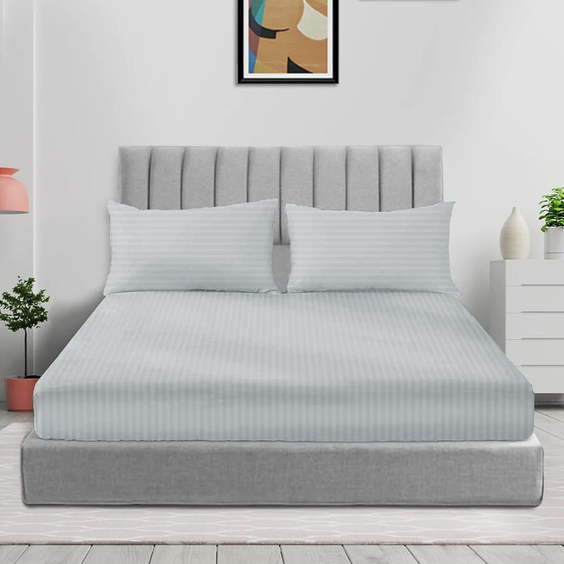 Sleep Well Microfiber Stripe Fitted Sheet with Pillowcase Set - 90x200+17cm (Beige) - Silver 180x200+17cm