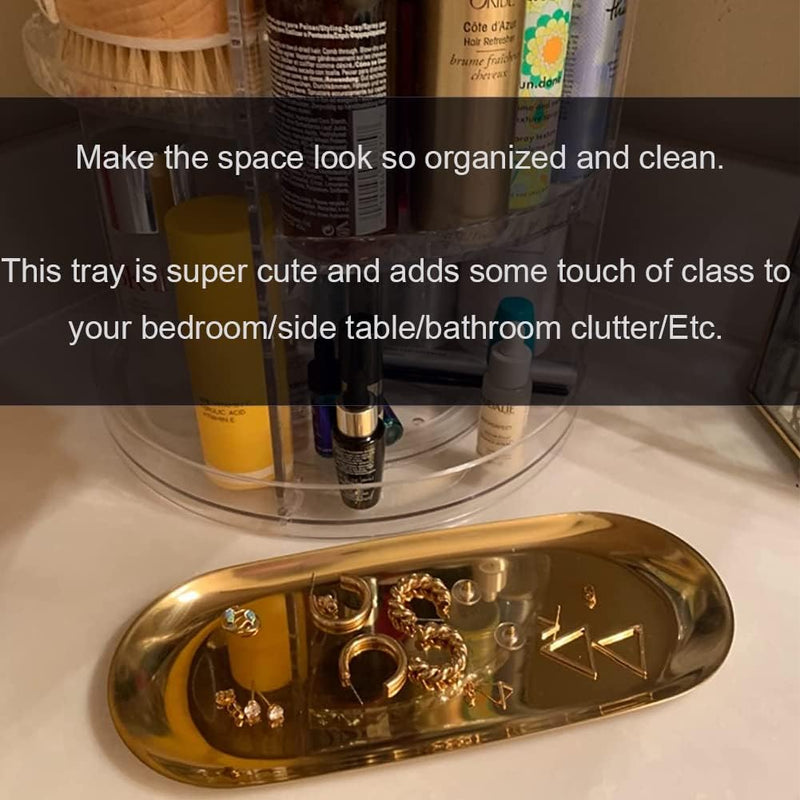 Fermus Stainless Steel Decorative Tray, Set of 2, 9 Inch Long, Jewelry Dish Cosmetics Organizer Bathroom Clutter Serving Platter Small Storage Tray, Oval, Gold