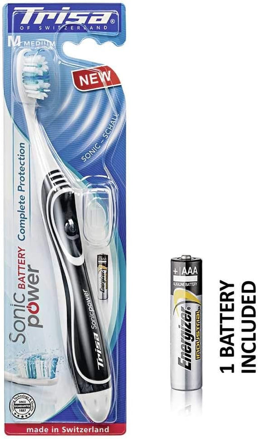 Trisa Sonic Battery Power Adult Toothbrush Complete - Medium with Travel Cap, Highly Efficient in Cleaning various type of dirt, Swiss Made 1 pc. Assorted color