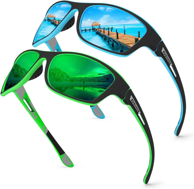 KUGUAOK Polarized Sports Sunglasses for Men Driving Cycling Fishing Sun Glasses 100% UV Protection Goggles, One Size - 2pack Blue+green