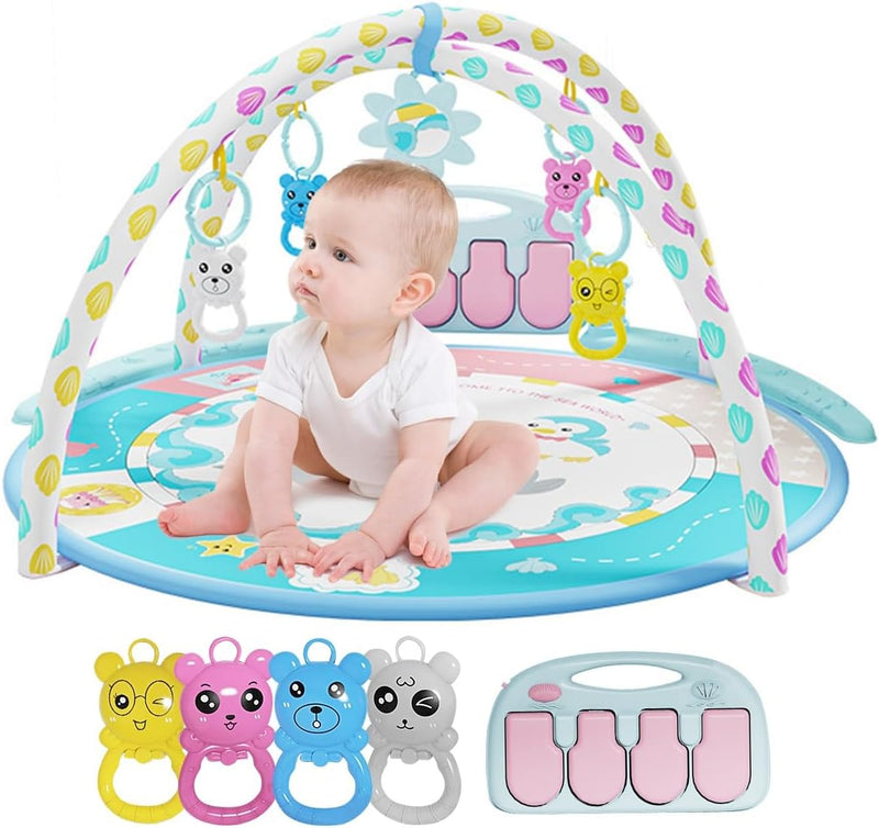 ECVV Baby Play Mat & Gym Set: 85cm Round Mat, 130cm Soft Tubes, 4 Rattle Toys, Detachable Baby Piano - Portable Tummy Time Activity Center for Infants 0-36 Months(Light Blue)
