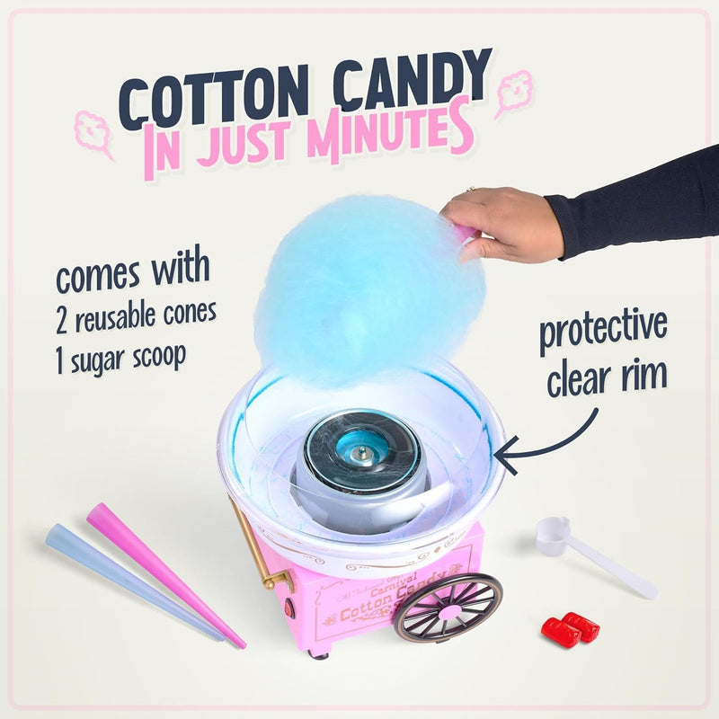 Retro Cotton Candy Machine for Kids, Includes 2 Reusable Cones, 1 Sugar Scoop, 1 Extractor Head, Vintage Hard & Sugar-Free Cotton Candy Maker, Pink