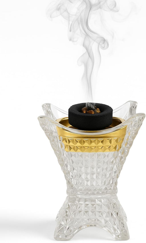 Crystal Glass Bakhoor Burner Oud burner Incense Bakhoor Charcoal Burner مبخرة عود,مبخرة بخور Frankincense Burner Madkhan Mabkhara Bakhoor Gold Incense Burner (Clear)