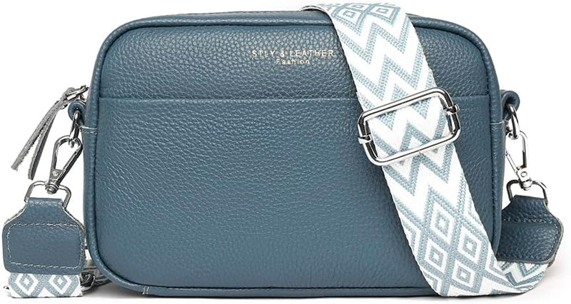 Crossbody Bag for Women Genuine Leather Wide Strap Shoulder Bag Purse Trendy Design Camera Crossbody Purse Top Zip - blue
