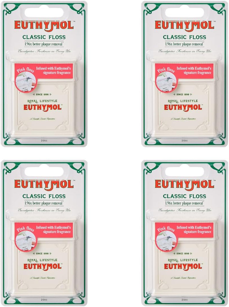 Euthymol Pink Dental Floss 50m x 4, Vegan Wax Coating, Mint Flavor, Wide Dental Floss for Braces, Bridges & Implants, Whitening & Stain Prevention, Efficient Plaque Remover, Easy to use - 1 count (Pack of 4)