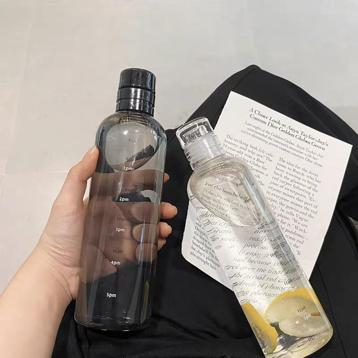 BAVIEN 500/ 750ml Plastic Water Bottle with Time Marker, Large Capacity Leakproof Drink Bottle Transparent Milk Juice Simple Cup for Men Women Gym Outdoors Sports Fitness (750ML, Black)