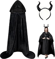 OYDAS Hooded Cloak Velvet Cape with Hood Halloween Capes Women Witch Costume Vampire Cloak Wizard Robe Men Cosplay Costume - 130cm cloak+Demon Horn