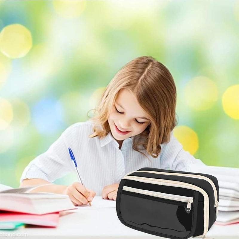 HANNEA Pencil Case, Large Capacity Pencil Pouch, 3 Compartments Pencil Bag, Students Stationery Organizer Pouch for School Office Supplies, Black