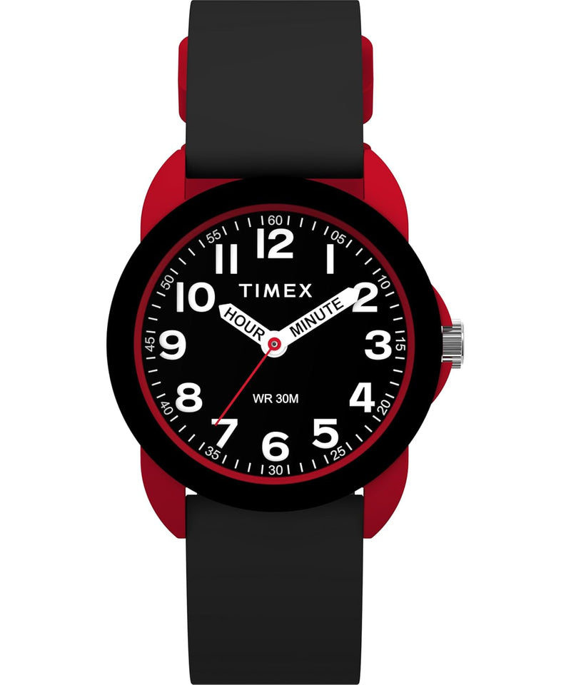 Timex Kids Time Machines 30 mm Watch, Black Silicone Strap Black Dial Red Case TW2W91900, Red, strap