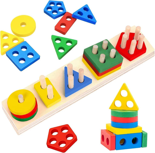 SKY-TOUCH Wooden Sorting & Stacking Toys, Shape Color Recognition Geometric Blocks Matching Puzzle with Lacing String, Educational Preschool Learning Board Game Gift for Babies - mutli color