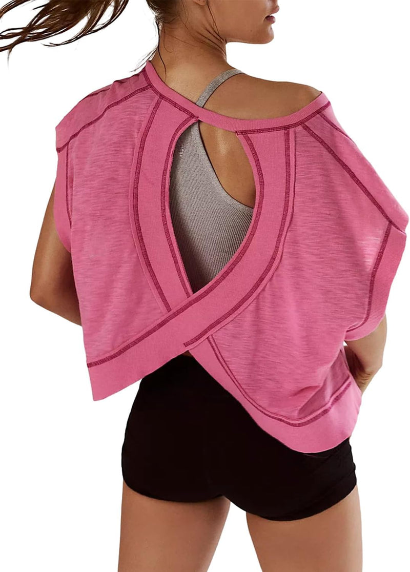 Sthxyfaith Women Short Sleeve Workout Shirts Open Back Tops Casual Yoga Athletic Gym Slouchy Crop Running Tees
