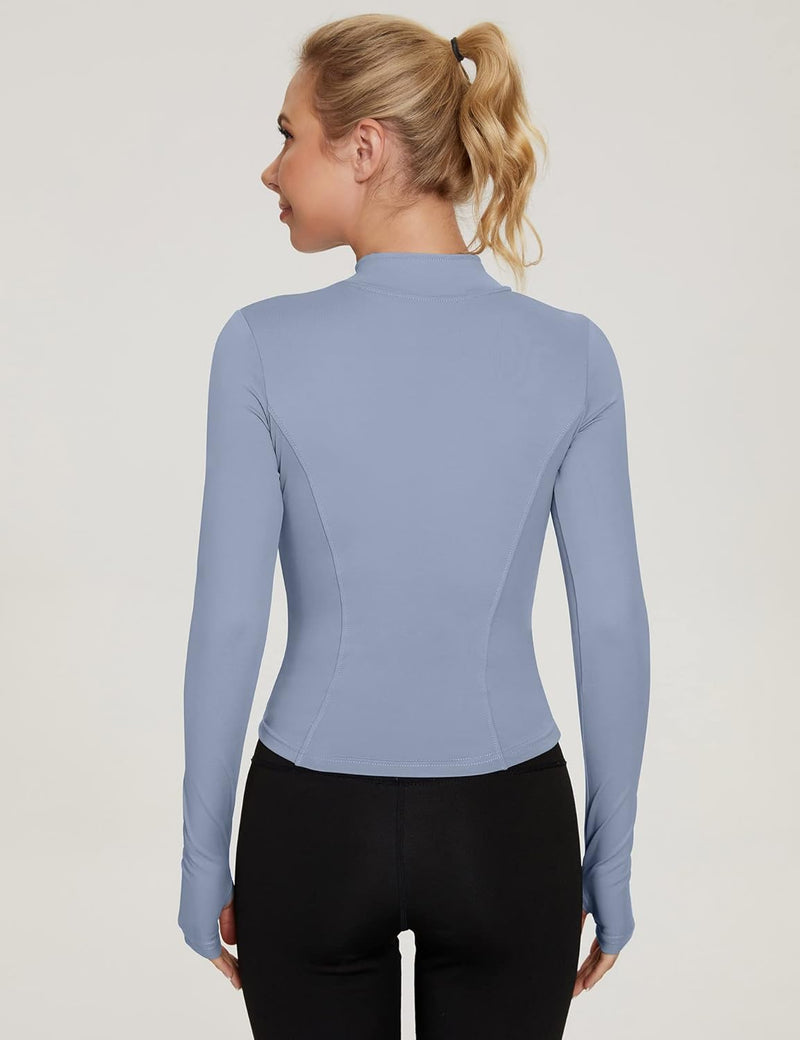 IECCP Women's T-Shirt, Gym Top, Yoga Top, Long-Sleeved Crop Top, Sports Shirt, Lightweight Fitness Top with Half Zipper and Thumb Hole