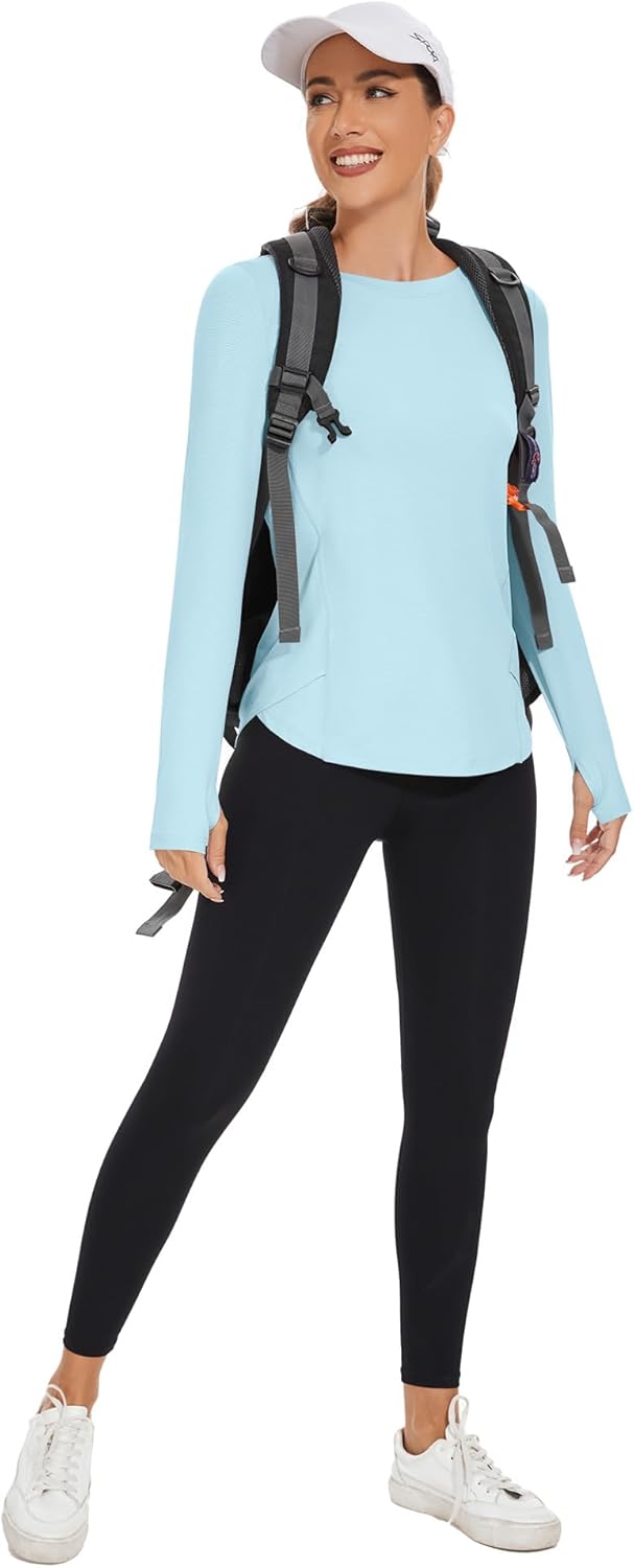 Rapbin Women's UPF 50+ Sun Protection T-Shirts Long Sleeve Boat Neck Workout Lightweight Quick Dry Top with Thumb Hole
