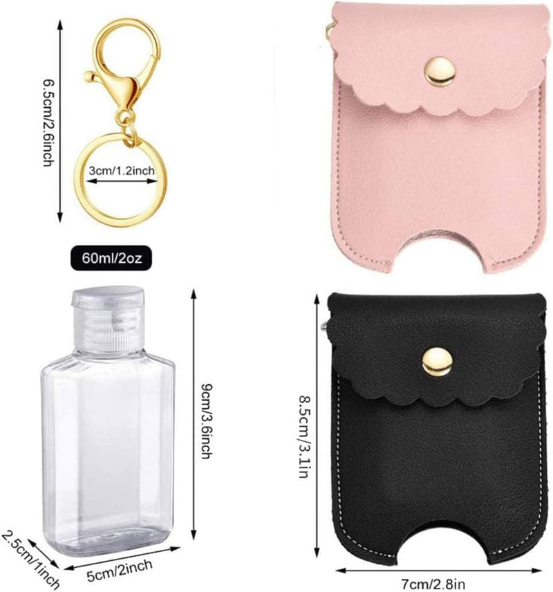 Khazna Portable Squeeze Bottle, Plastic Travel Bottle with Leather Keychain Holder for Hand Sanitizer, Essential Oil, Refillable Bottle Clips to Travel Bag (1 Pack Pink+1 Pack Black)