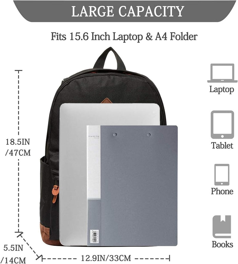 VASCHY Men's Backpack, Women's Waterproof School Bag, Boy Girl Computer 15.6 Inch Vintage for School, College, Work, Travel, Leisure