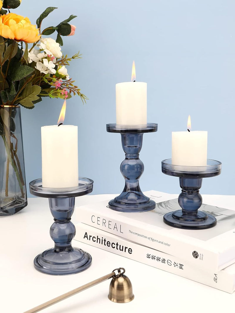 Lewondr Glass Candle Holders, 3 Pieces Crystal Clear Candlesticks with Elegant Design for Pillar Taper Candle and Tea Light, Home Table Living Room Wedding Party Decorations Home Décor - Clear
