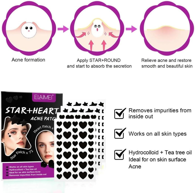 NIKITA.VIVI - 144 Pcs Acne Pimple Patch Star + Heart Shape | Acne Patch Treatment with Hydrocolloid & Tea Tree Oil | Star Face Pimple Patches | Spot Cover Stickers| Acne Healing Miracle Patches