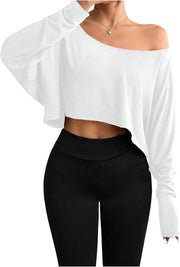 Women's One Off Shoulder Cropped T Shirts Long Sleeve Loose Casual Basic Tops - White