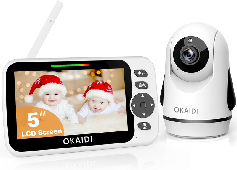 OKAIDI Video Baby Monitor with Camera and Audio, 5" Display Baby Monitor No WiFi, 30H Battery and 1000ft Range Baby Monitor, Remote Pan-Tilt-Zoom Baby Camera, Night Vision, 2-Way Talk, VOX,Temperature