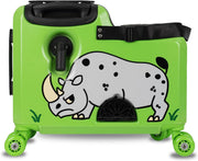 Kids Ride-On Carry-On Suitcase, ABS Lightweight Travel Trolley Luggage for Children with 360 Spinner Wheels, Cabin-Friendly Scooter Travel Bag (Pink Whisker Cat Design) - Green Rocko - Rhyno Design