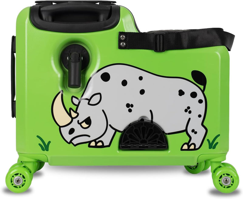 Kids Ride-On Carry-On Suitcase, ABS Lightweight Travel Trolley Luggage for Children with 360 Spinner Wheels, Cabin-Friendly Scooter Travel Bag (Pink Whisker Cat Design) - Green Rocko - Rhyno Design