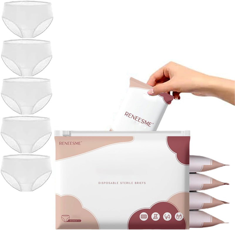DMG TECH 5 Pcs Women's Disposable Underwear - 100% Cotton Postpartum & Travel Briefs Breathable, Sterile, No Wash Needed & No Fluorescent Hospital, Hotel Use ملابس داخلية قطنية للاستعمال الواحد - L White