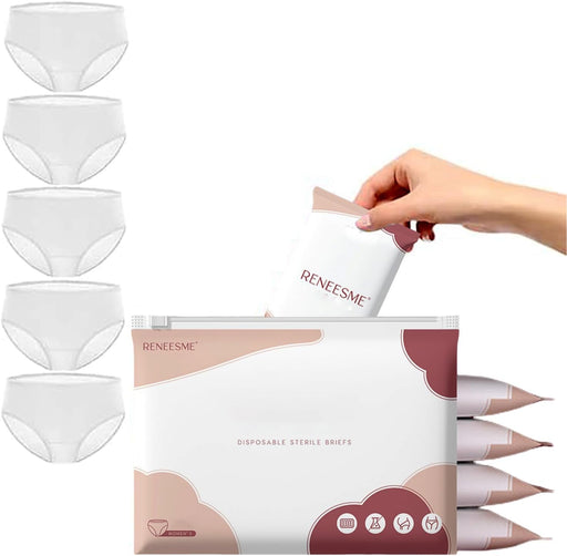 DMG TECH 5 Pcs Women's Disposable Underwear - 100% Cotton Postpartum & Travel Briefs Breathable, Sterile, No Wash Needed & No Fluorescent Hospital, Hotel Use ملابس داخلية قطنية للاستعمال الواحد - L White