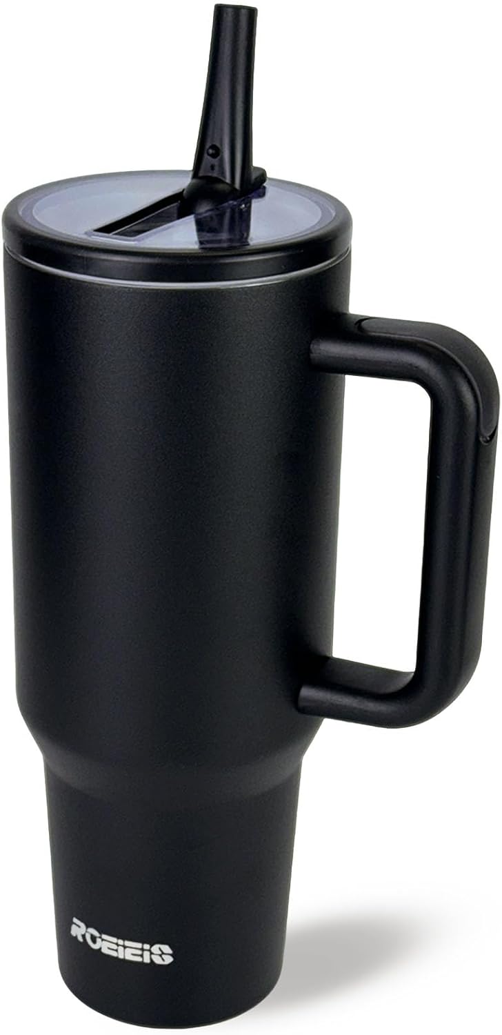 40 oz Water Bottle with Handle & Flip Straw - Fits in Cup Holder, Leak Resistant Tumbler-Reusable Insulated Stainless Steel - Gifts for Women & Men, Black