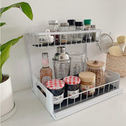 2 Tier Kitchen Storage Shelves, Under Sink Organizers and Storage, Pull Out Drawers Sliding Shelf Bathroom Countertop Organizer Rack L-Shaped