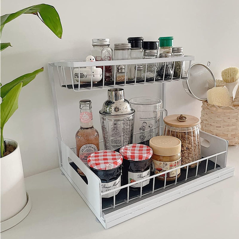 2 Tier Kitchen Storage Shelves, Under Sink Organizers and Storage, Pull Out Drawers Sliding Shelf Bathroom Countertop Organizer Rack L-Shaped