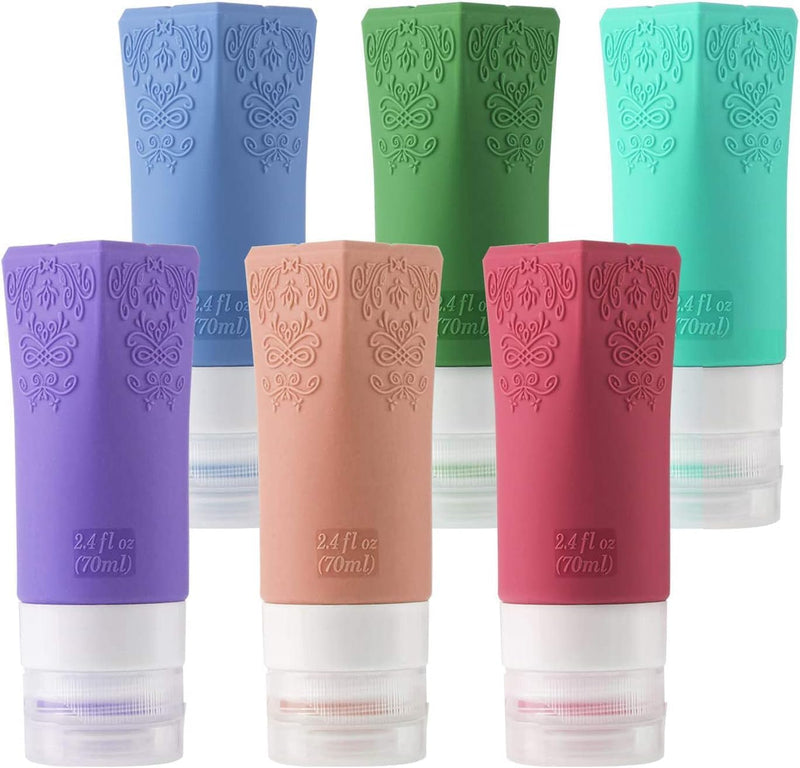 KASTWAVE Travel Bottles Leakproof, 6 Pcs Cosmetic Containers Set, 70 ml Refillable Silicone Squeezable Bottles for Toiletries, Conditioner, Lotion, Facial Cleanser, Cream (6 Colors)