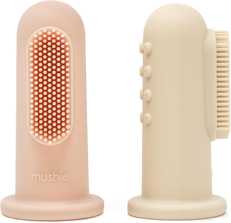 Baby Finger Toothbrush 2-Pack Silicone Infant & Toddler Food Grade Training Aid 100% BPA and chemical-free Babies First Toothbrush Designed in Sweden (Cambridge Blue/Shifting Sand) - Blush/Shifting Sand