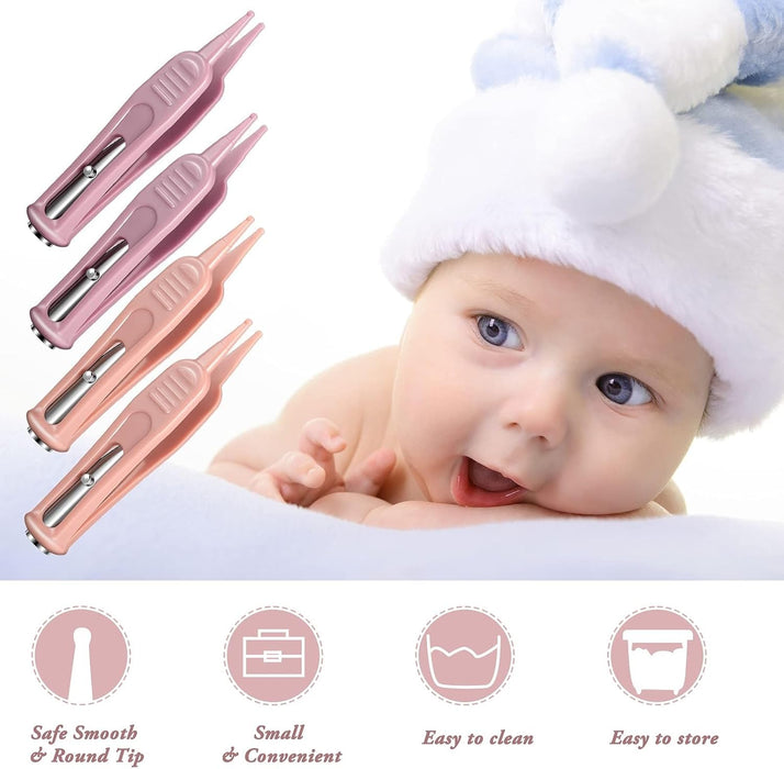 Azonee 4 Pieces Infant Nose Cleaning Tweezer with LED Light, , Safe and Effective Booger Plier for Infant Nose Cleaning, Round-Head Clip Care for Ear Nose Navel, Relieves Stuffy Nose
