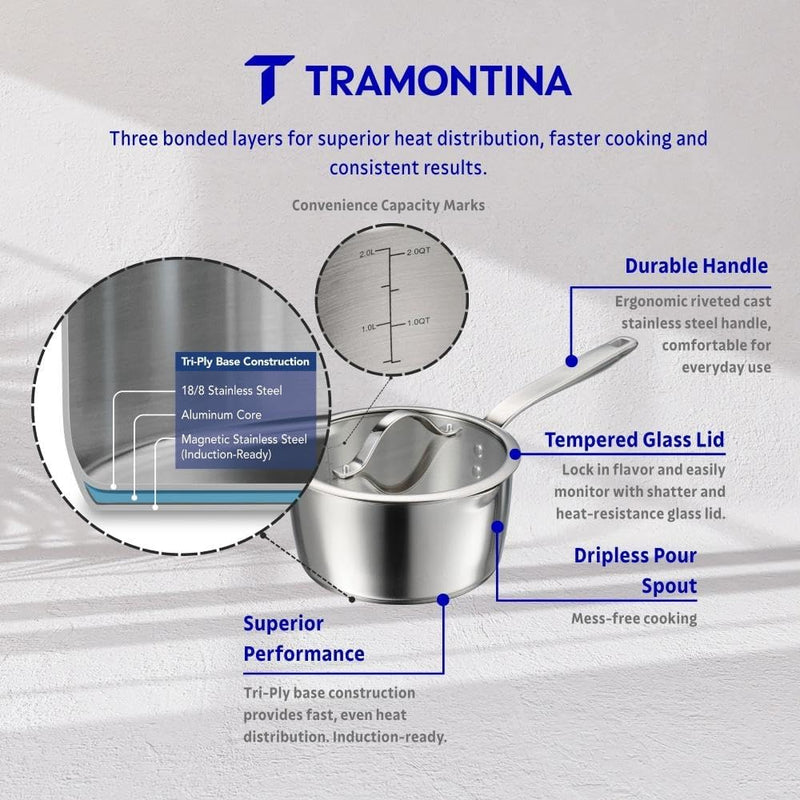 Tramontina Since 1911, 9-Piece Tempo Tri-Ply Base Stainless Steel Cookware Set with Glass Lids, Pots and Pans Kitchen Set, Induction-Ready, Oven-Safe, Dishwasher-Safe 37240028