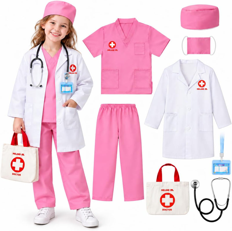 Meland Doctor Costume for Kids 3-10, Pretend Play Career Dress Up with Bag - Pink