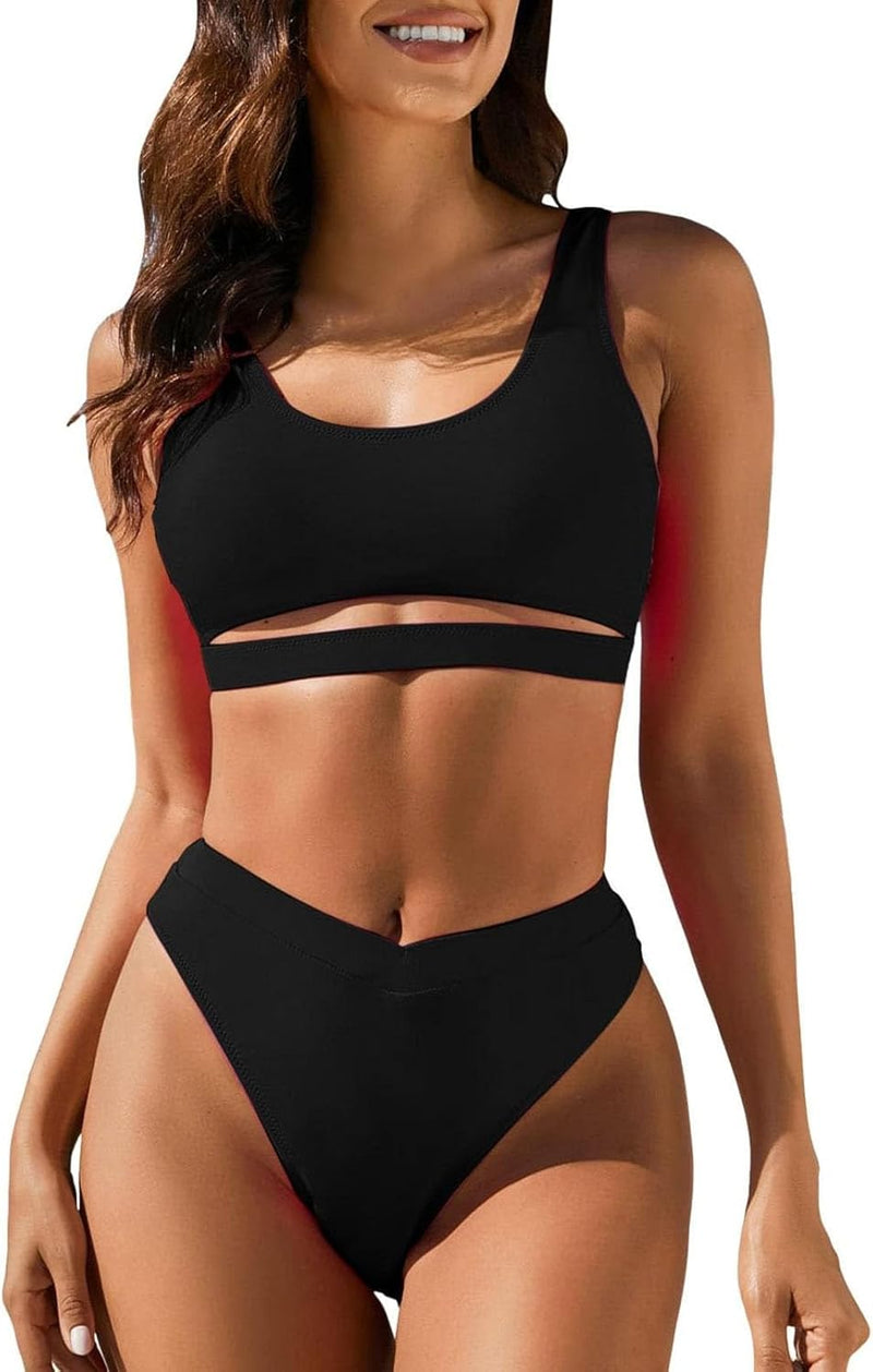 Women's High Waisted Bikini Sets High Cut Bathing Suits Two Piece Sporty Cut Out Swimsuits