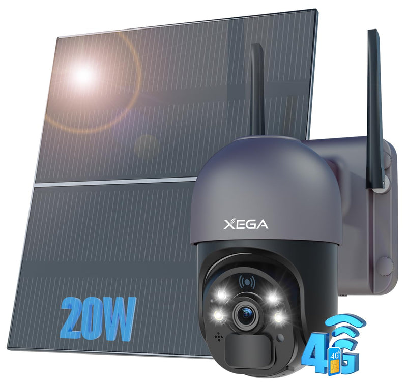Xega 4G LTE Security Camera【20W Solar Panel 20,000mAh Battery】 with SIM Card - [24/7 Record] Solar Powered Security Camera Outdoor Wireless, 2K HD Color Night Vision CCTV, PIR Motion Detection, IP66