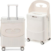 4-Wheel Checked Luggage with Seat for Kids, Travel Suitcase with Adjustable Handle and Hard Shell, Ride-On Suitcase with Child Seat Design for Family Travel, 22 Inch, White