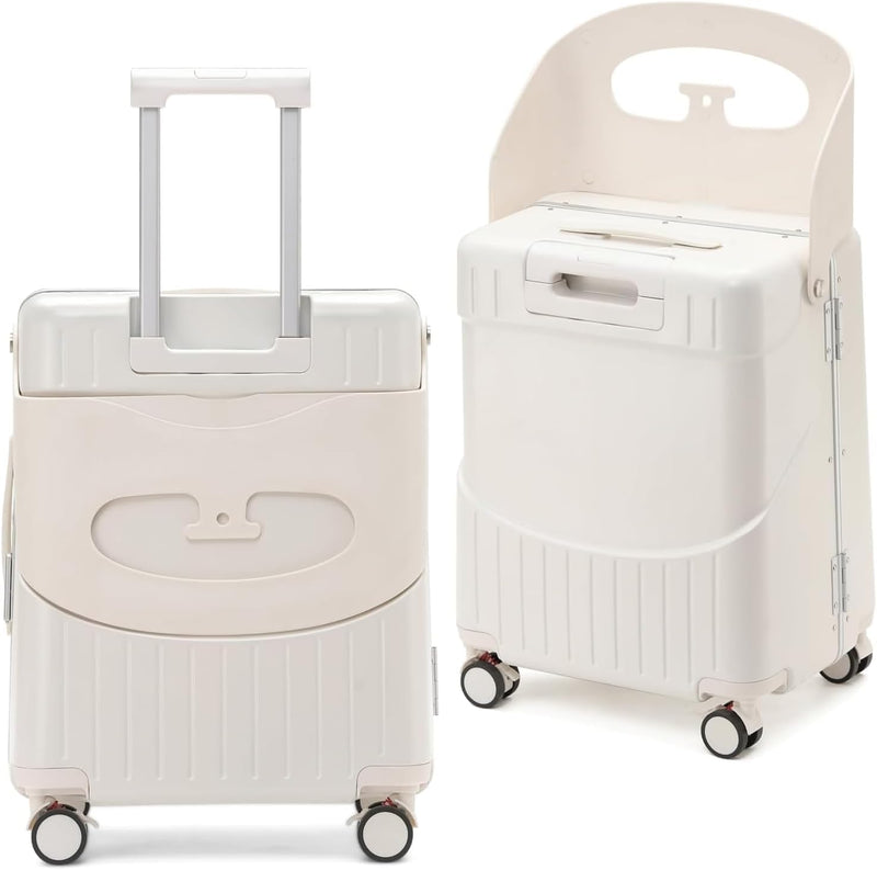 4-Wheel Checked Luggage with Seat for Kids, Travel Suitcase with Adjustable Handle and Hard Shell, Ride-On Suitcase with Child Seat Design for Family Travel, 22 Inch, White