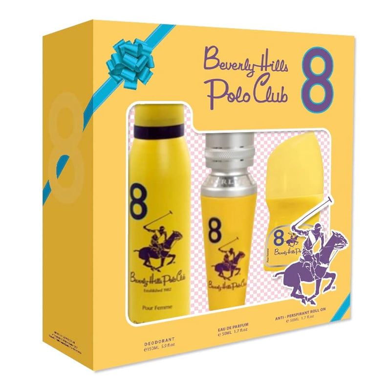 Beverly Hills Polo Club No.8 3PCS Gift Set for Women EAU DE PARFUM 50ml + Deodorant 150ml + Anti - Perspirant Roll On
