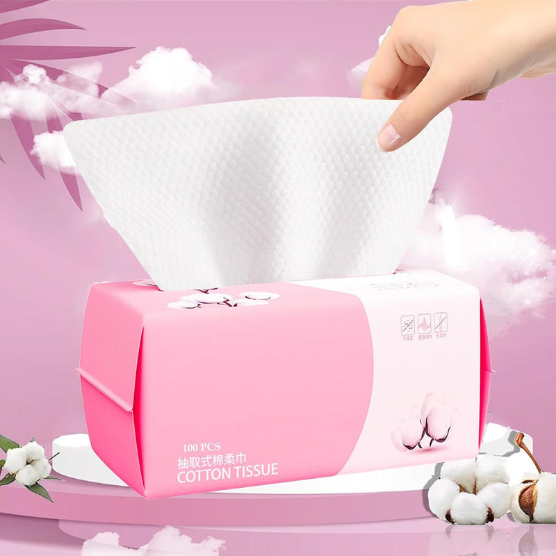Hsxfl Disposable Face Towel 100 Count for Washing Soft Cotton Dry Wipes Facial Cloths Towelettes for Washing and Drying, Facial Tissue for Cleansing, Skincare and Makeup Remover