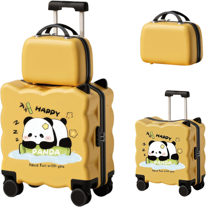 2PCS Kids Ride-On Suitcase, 20 Inch Carry-On Trunk with Cup Holder, Smooth Silent Wheels, Telescopic Handle, U-Shaped Seat, Password Lock, Unique Design, ABS Hardshell Case, Yellow