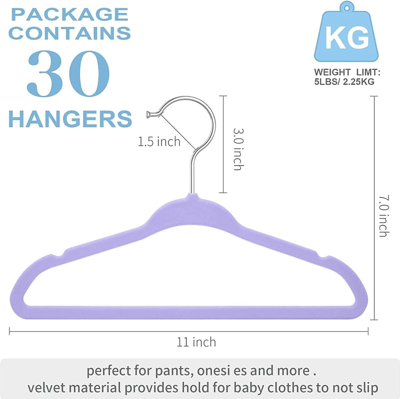 Red Dot Gift® Baby Velvet Hangers 11Inch/28cm - Nursery Clothes Hangers Non Slip Toddler Hangers, 360 Chrome Swivel Hook (White, 30)