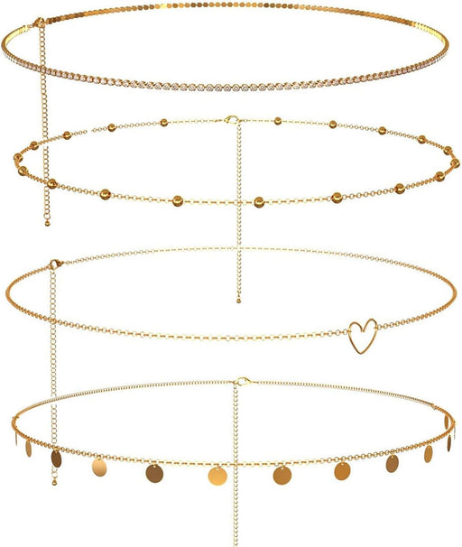 AMZSTRU Waist Belly Chain 4Pcs Adjustable Metal chain belt gold for Women Boho Multilayer Long Tassel waist chain gold Summer Body Beach Jewelry for Women Dress Skirt