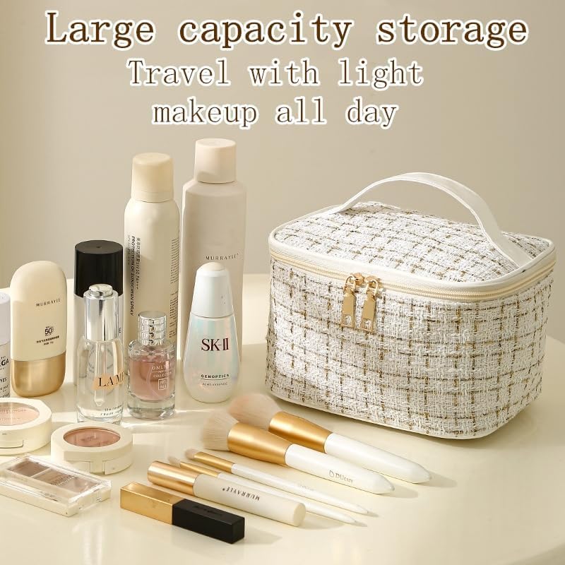 ZABEES Travel Makeup Bag,Large Capacity Cosmetic Bags,Waterproof Portable Pouch Open Flat Toiletry Bag Make up Organizer with Divider and Handle Bag for Women and Girls (Bright white check)