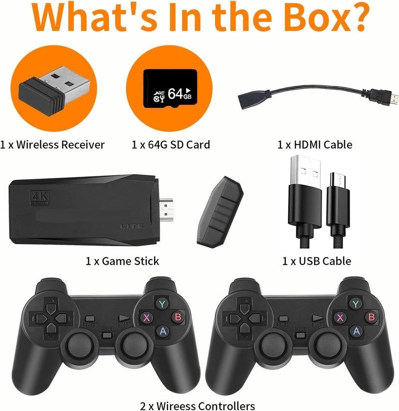 Wireless Retro Game Console, Plug & Play Video TV Game Stick With 10000+ Games Built-in, 9 Emulators, 4K HDMI Output for TV with Dual 2.4G Wireless Controllers video game